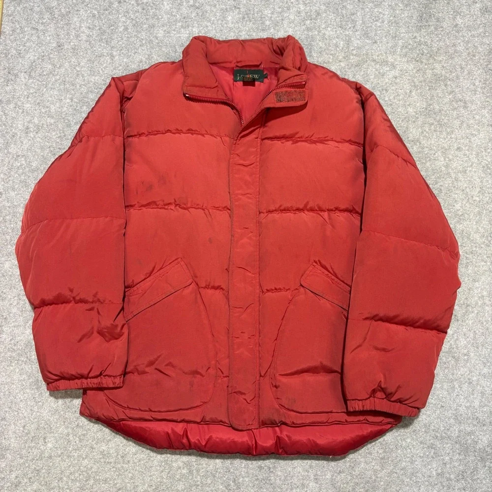 Vintage J.Crew Mens Red Down Filled Puffer Jacket Large Nylon Full Zip Coat